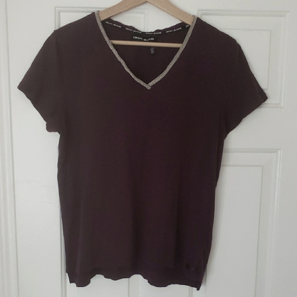 DKNY Women's Dark Purple Short Sleeve V-neck Top With Beading - Size Large